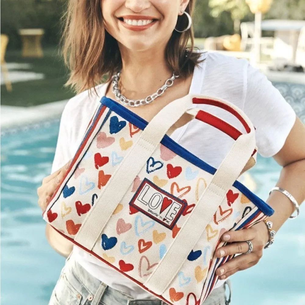 NWT Brighton Red White and You Mini Tote Bag Canvas With Hearts and Love Strap